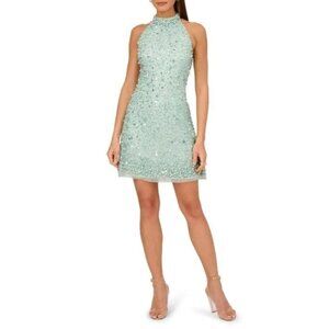 275$ Adrianna Papell Beaded Halter Neck Cocktail Mini Dress Size 12 Fresh Mint